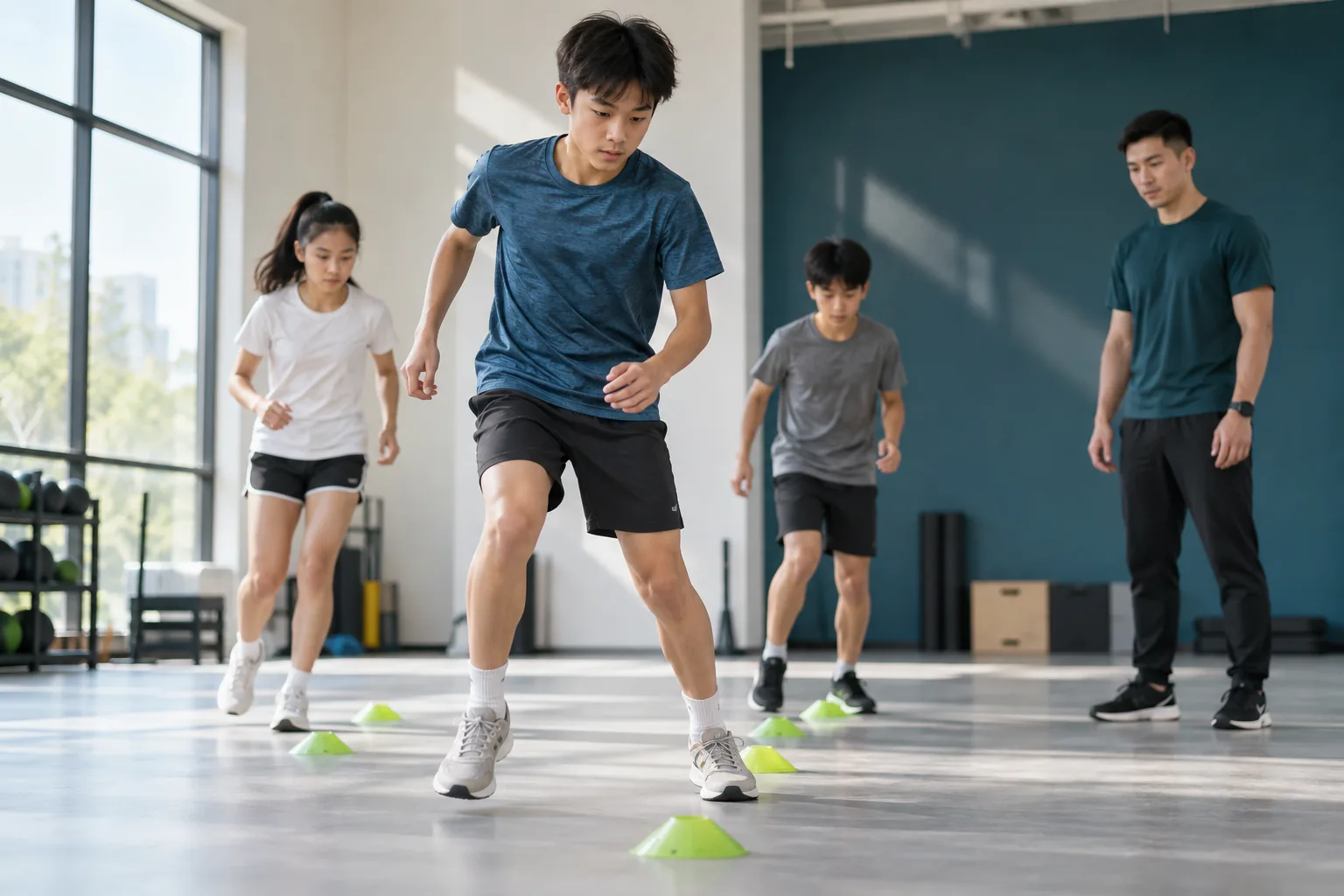 AI 生成的青少年敏捷训练示意：学员在低标志碟之间练习移动，教练在旁观察。